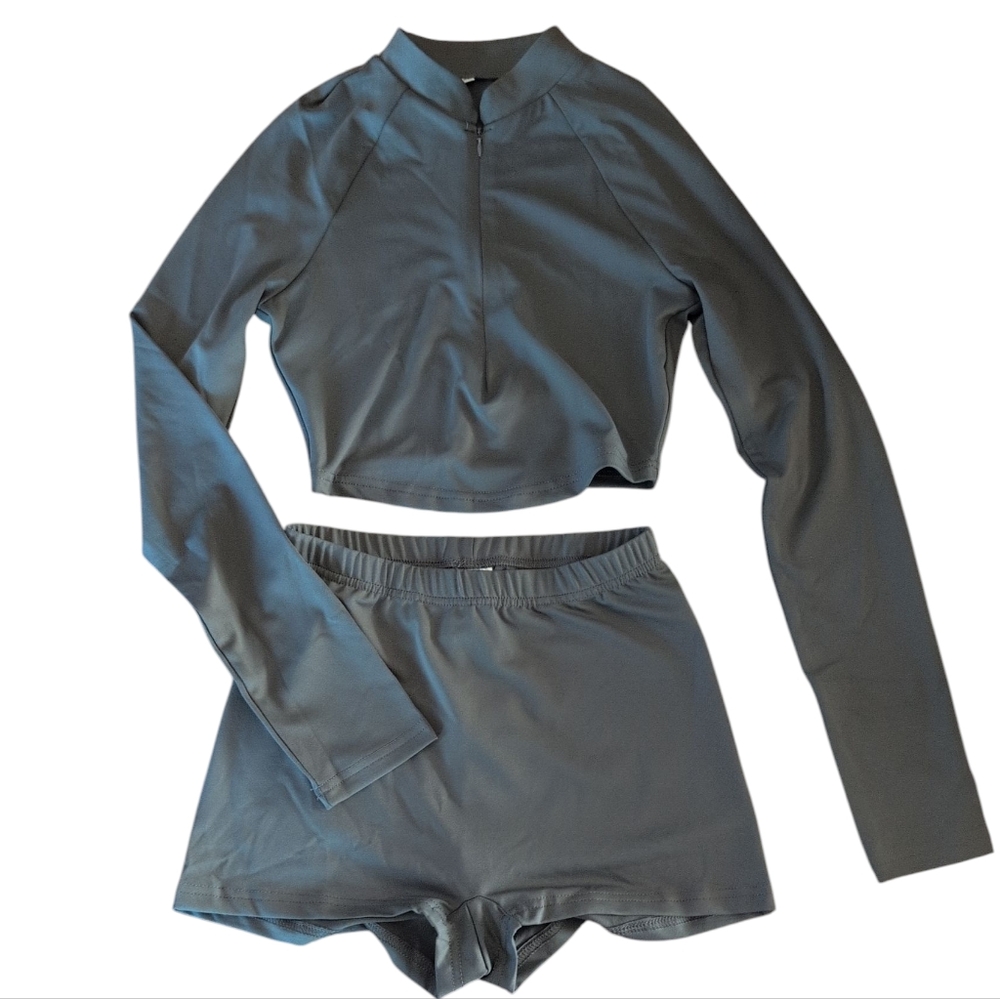 SHEIN Slate Gray Long Sleeve Zip Crop Top & Shorts Set